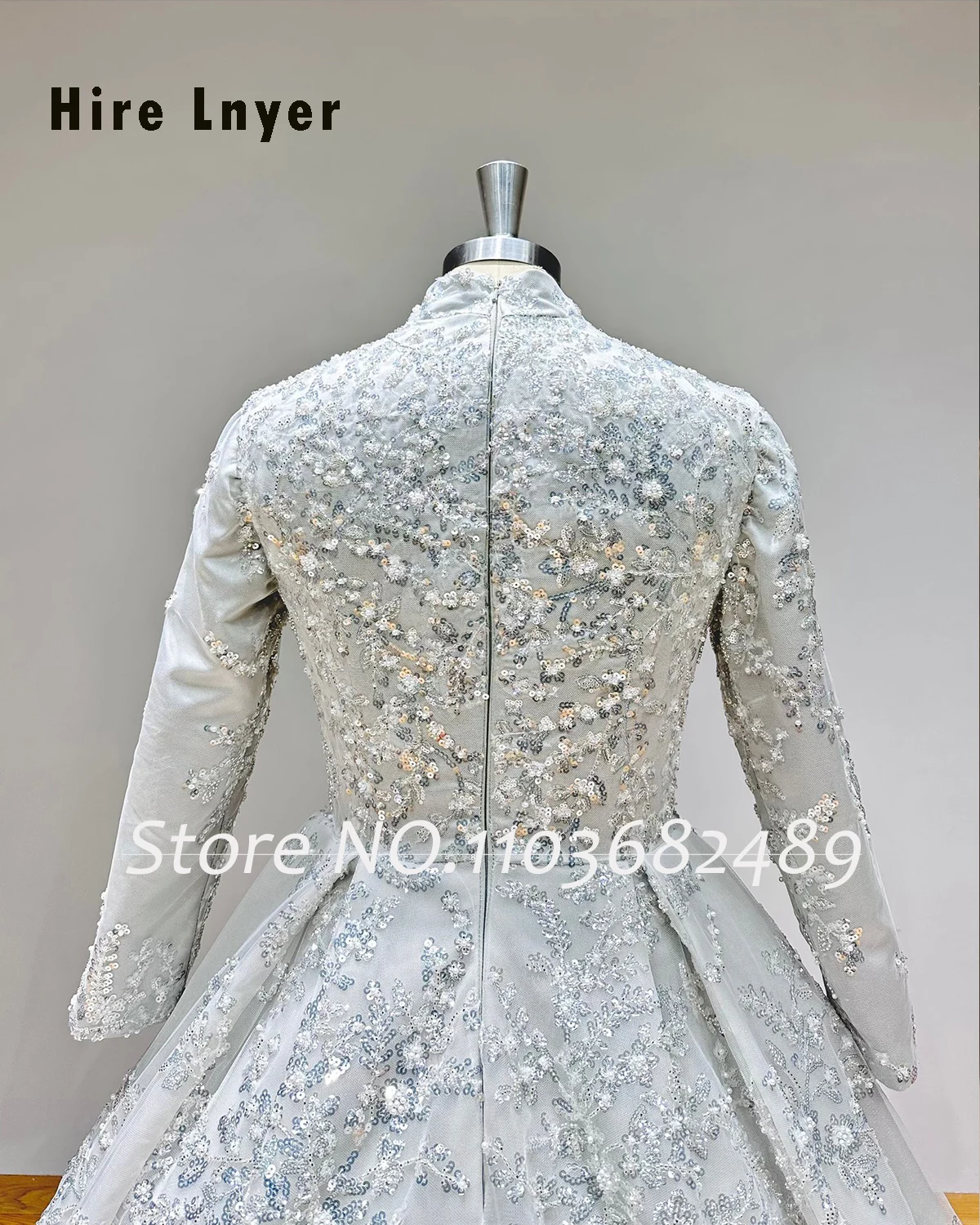 Hire Lnyer High Neck Zipper Up Back Long Sleeve All Over Covered Shiny Beading Pearls Sequins Grey Muslim Wedding Dresses