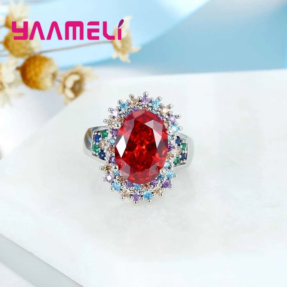 925 Sterling Silver Fashion Generous And Red Flowers Round Crystal Stone Ring  Engagement Jewelry  CZ For Women Gift