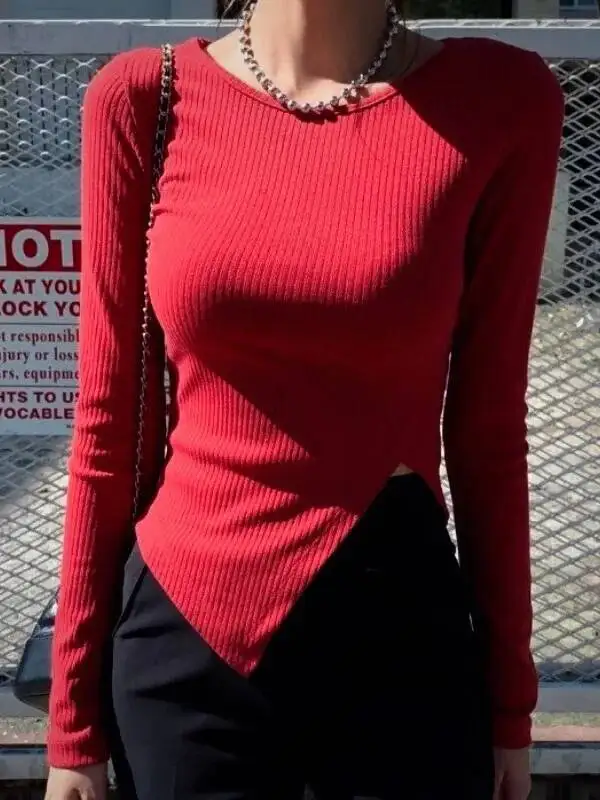 

Новинка 2026: Корейский стиль, осень-зима, женский пуловер с круглым вырезом и длинными рукавами, асимметричный разрез, приталенный силуэт, однотонный топ LZ1B