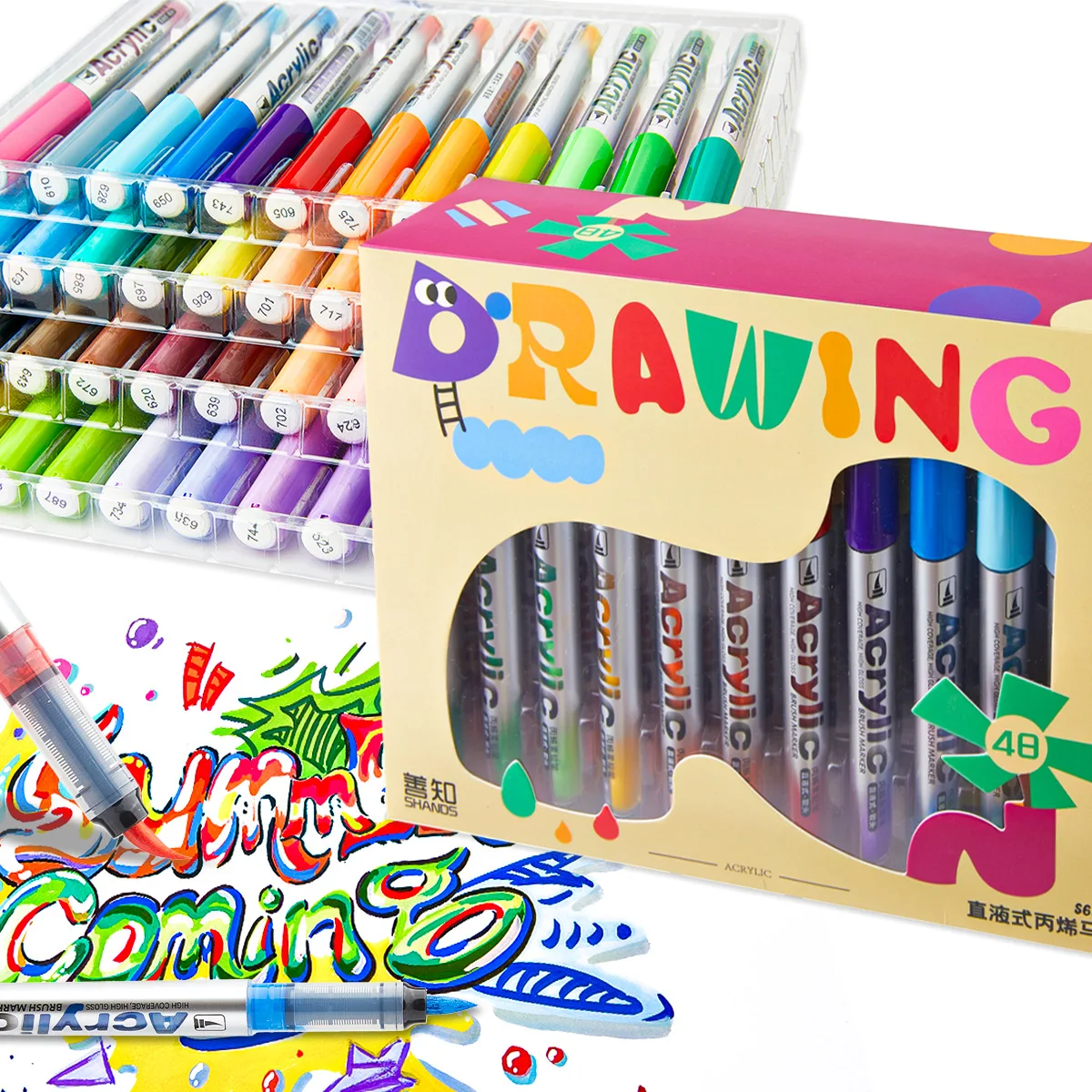Direct Liquid Acrylic Marker Pens 48 Colors Stackable Tip Fast Drying Paint Markers for Journaling Graffiti DIY Greeting Cards