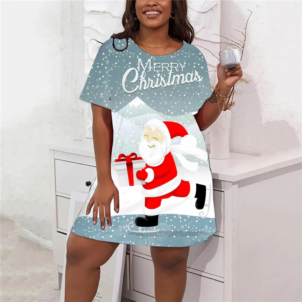 Süße süße Weihnachts druck Kleider Winter Frauen Party Mini kleid Mode lässig Kurzarm Damen plus Größe lose Kleidung 9xl