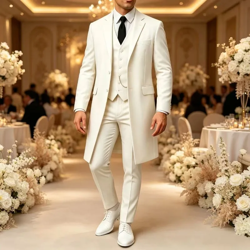 Long Formal Wedding Suits for Men Custom Made 3 Pieces Groom Tuxedo Suit and Separates Slim Fit Jacket Vest Pants Groomsman
