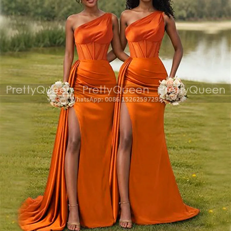 Orange Mermaid Waistline Cap Bridesmaid Dresses Customized Long Sexy High Slit One Shoulder Sheath Wedding Party Dress