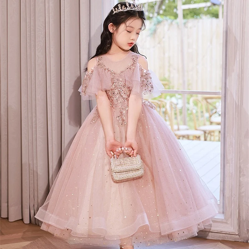 Flower Boy New Dress High end Luxury Sequins Party Dress Wedding Party Girl Party Prom Formal Host Piano Performance Dress