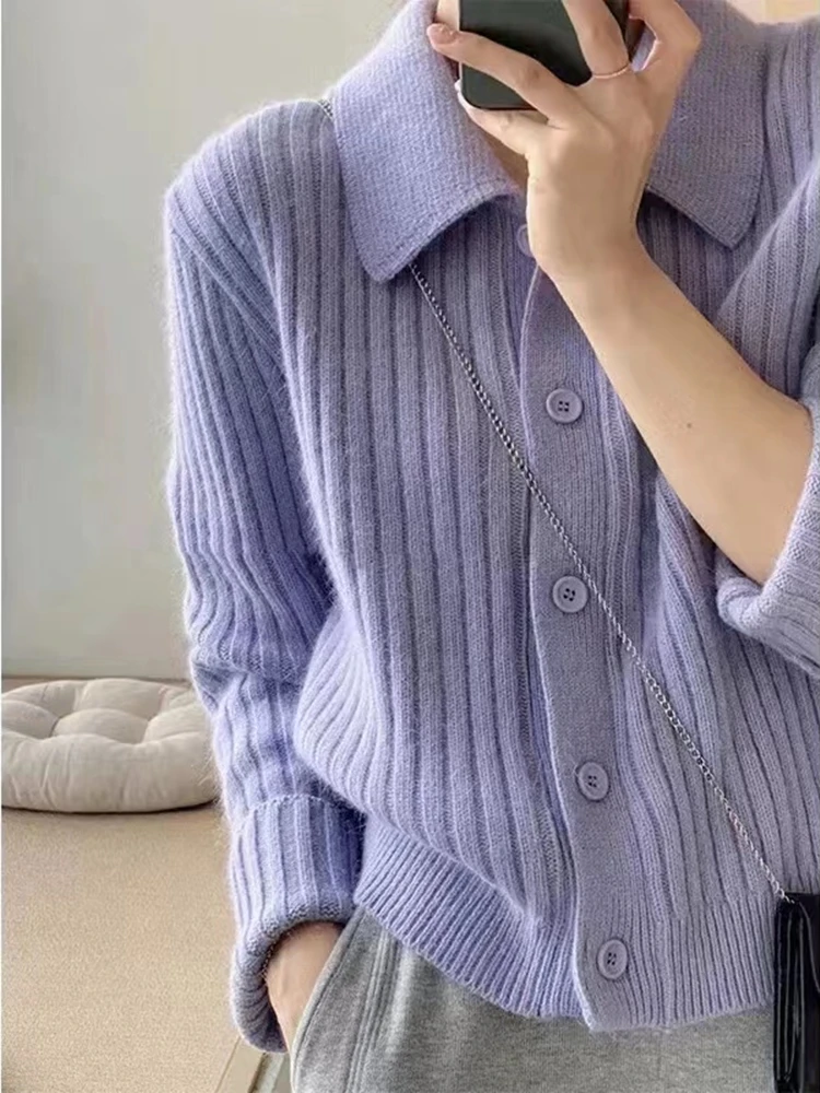 Autumn and Winter New Cashmere Sweater Women\'s Clothing Long Sleeved Top 100% Wool POLO Collar Knitted Cardigan Fashion Korean