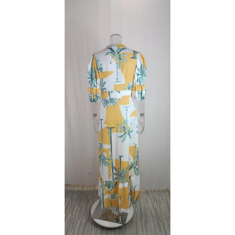 Spring Women's Fashion V-neck Bubble Sleeve Printed Elegant Dress Temperament Commuting Female Clothes Women High Waist Dresses