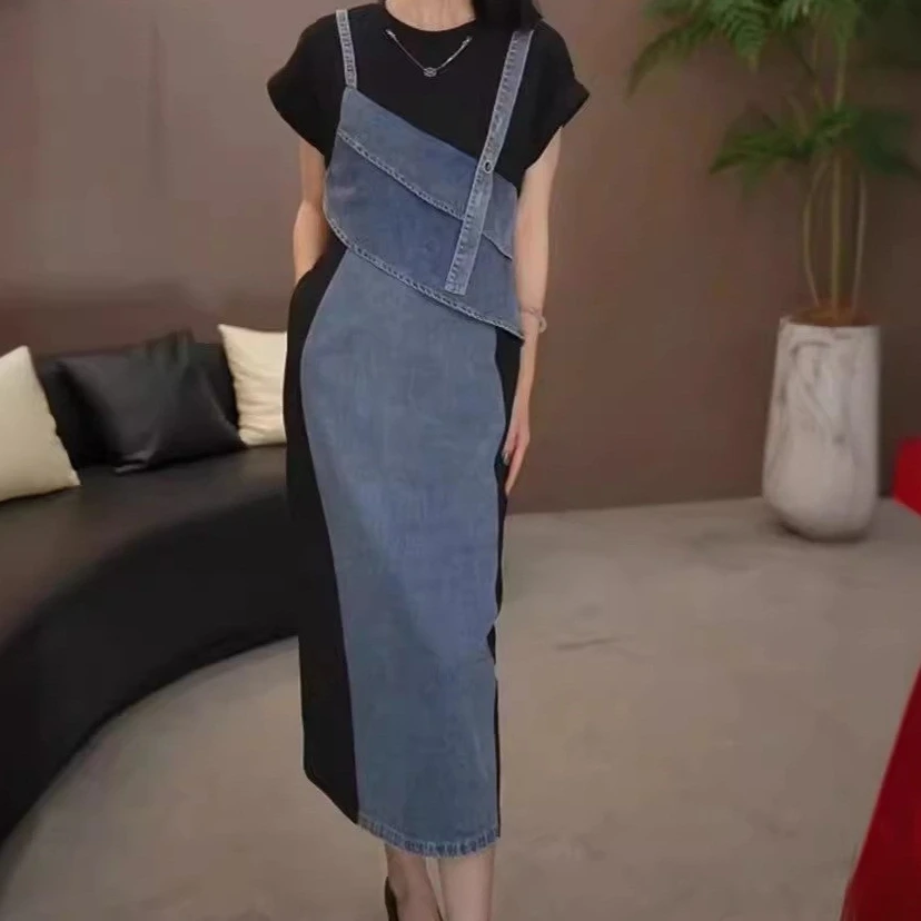 

Long Denim Dress Women Dresses Vestidos Streetwear Round Neck Short Sleeve Work Elegant Splice Y2k Party Night Summer 2025