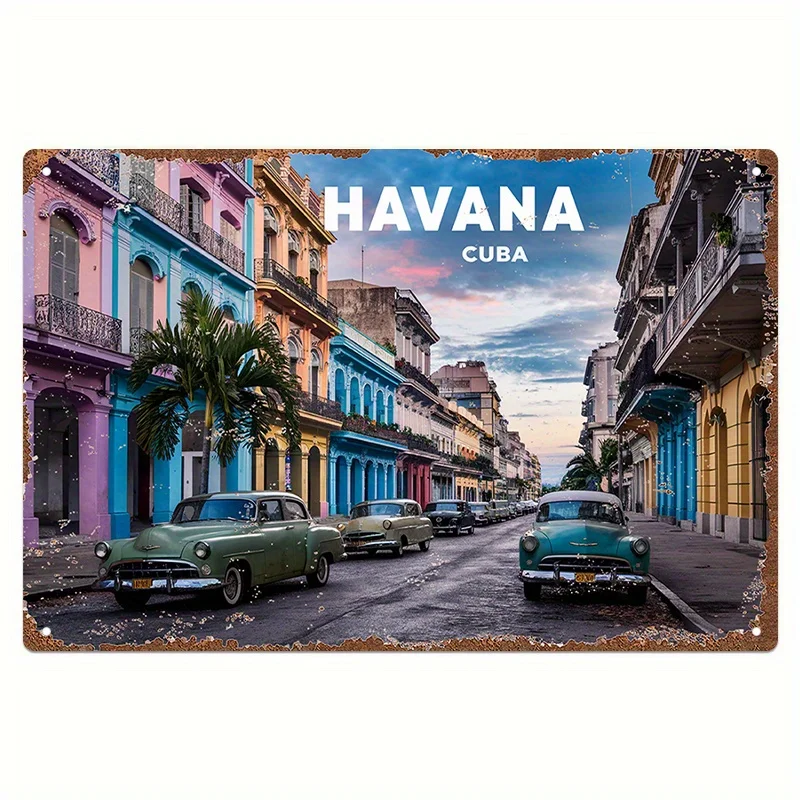 - ملصق فني جداري معدني من هافانا وكوبا على الطراز القديم، منظر سيتي نابض بالحياة مع سيارات كلاسيكية ومباني ملونة، لغرفة النوم، K