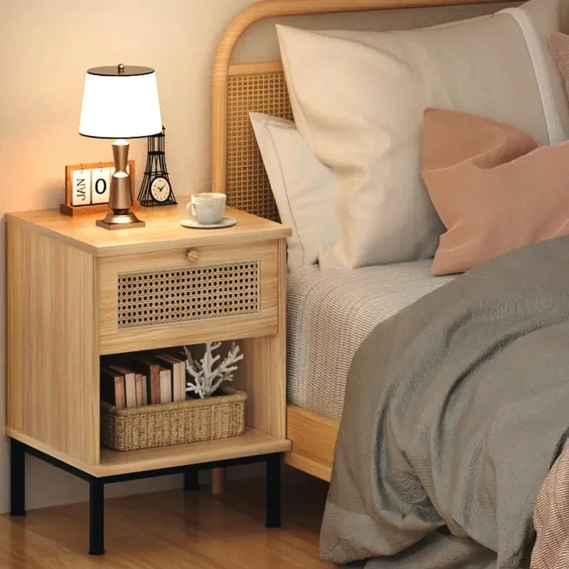 Modern Rattan Nightstand with Drawers Square Edge Small Storage Side Table for Bedroom Simple Design