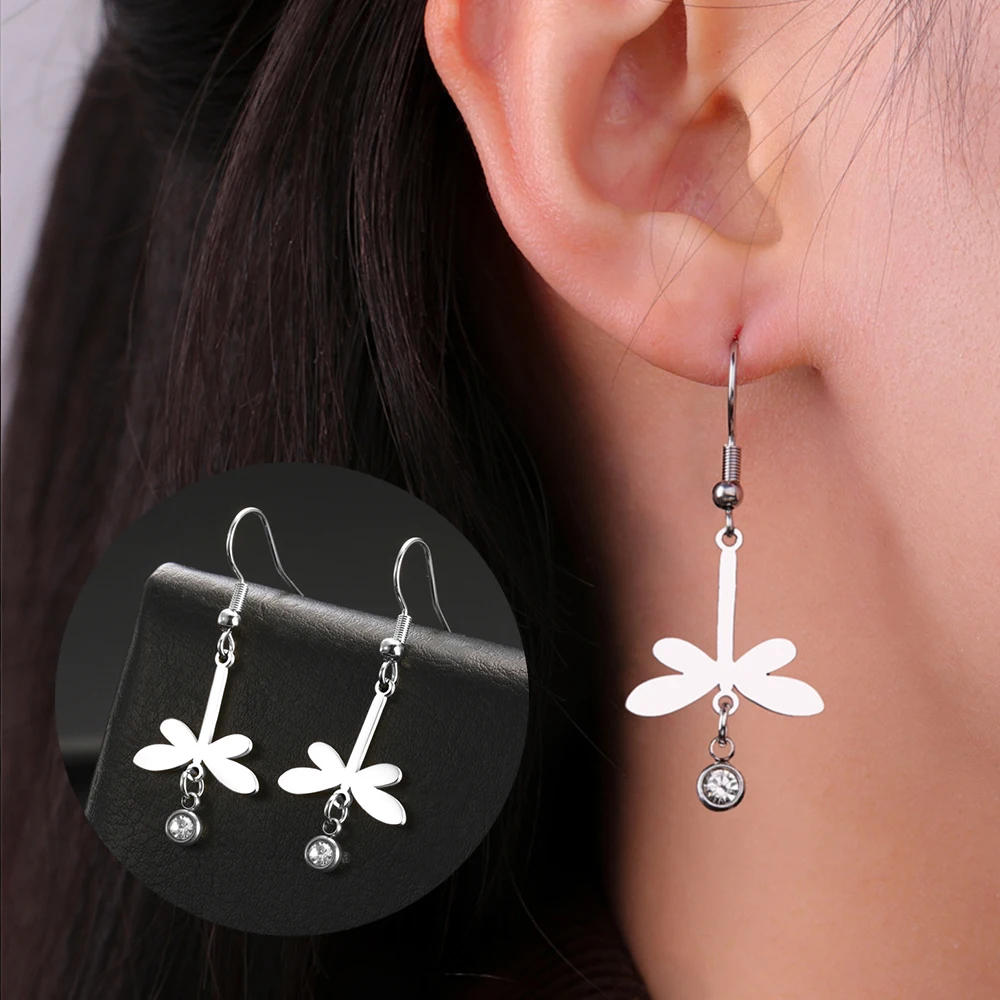 My Shape Dragonfly Rhinestone Earrings for Women Girls Stainless Steel Crystal Pendent Dangle Earrings Fashion Jewelry Birthday