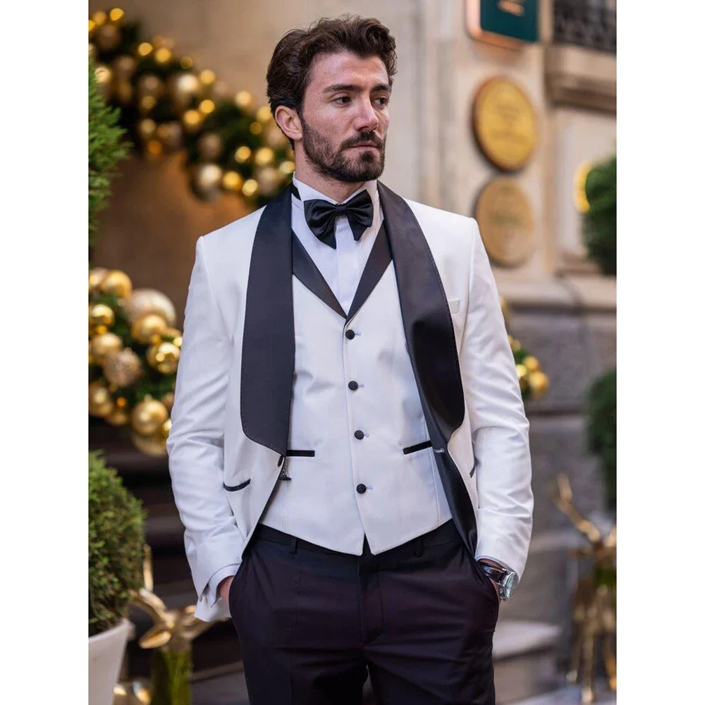 White Two Buckles Men's Suit Three-pieces(Jacket+Black Pants+Vest) Chic Fashion Casual Party Prom Wedding Set