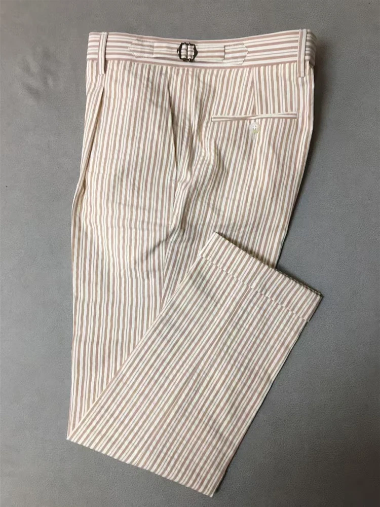 

Summer Thin Cotton Stripe Bubble Neapolitan Nine-Piece Men's West Pants Mid-Waist Single Pleat Straight Tube Casual Youth Trend