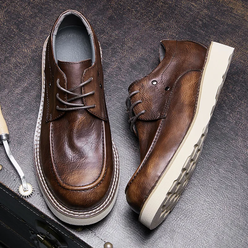 New Round Toe Shoes Men British Style Work Fashion Thick Sole Lace Up Derby Casual Genuine Leather Formal Shoes Male Brown Flats