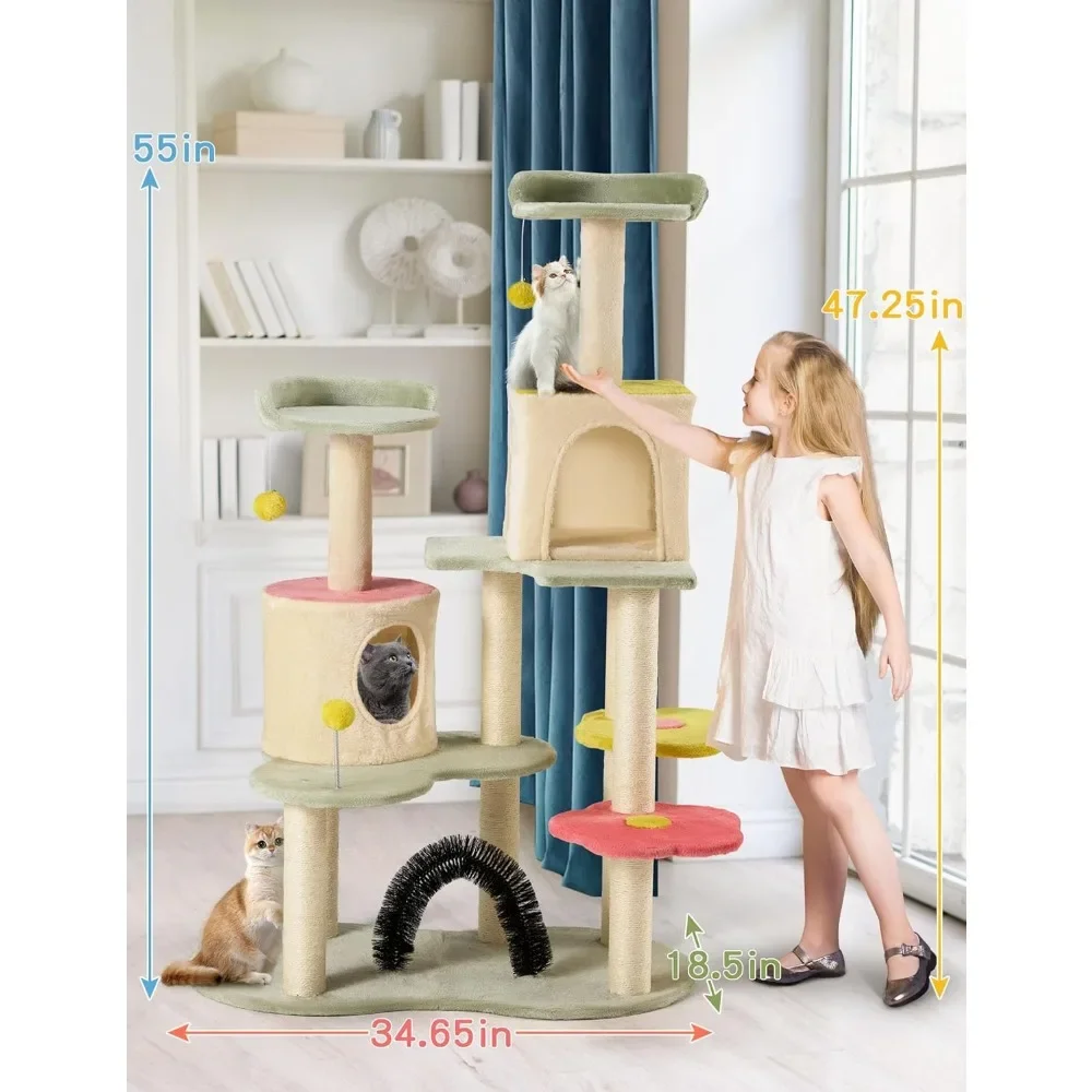 59 Inches Cute Cat Tree for Indoor Cats w/Sisal Covered Cat Scratching Posts Stand Cozy Condo Bell Ball Colorful Tree House