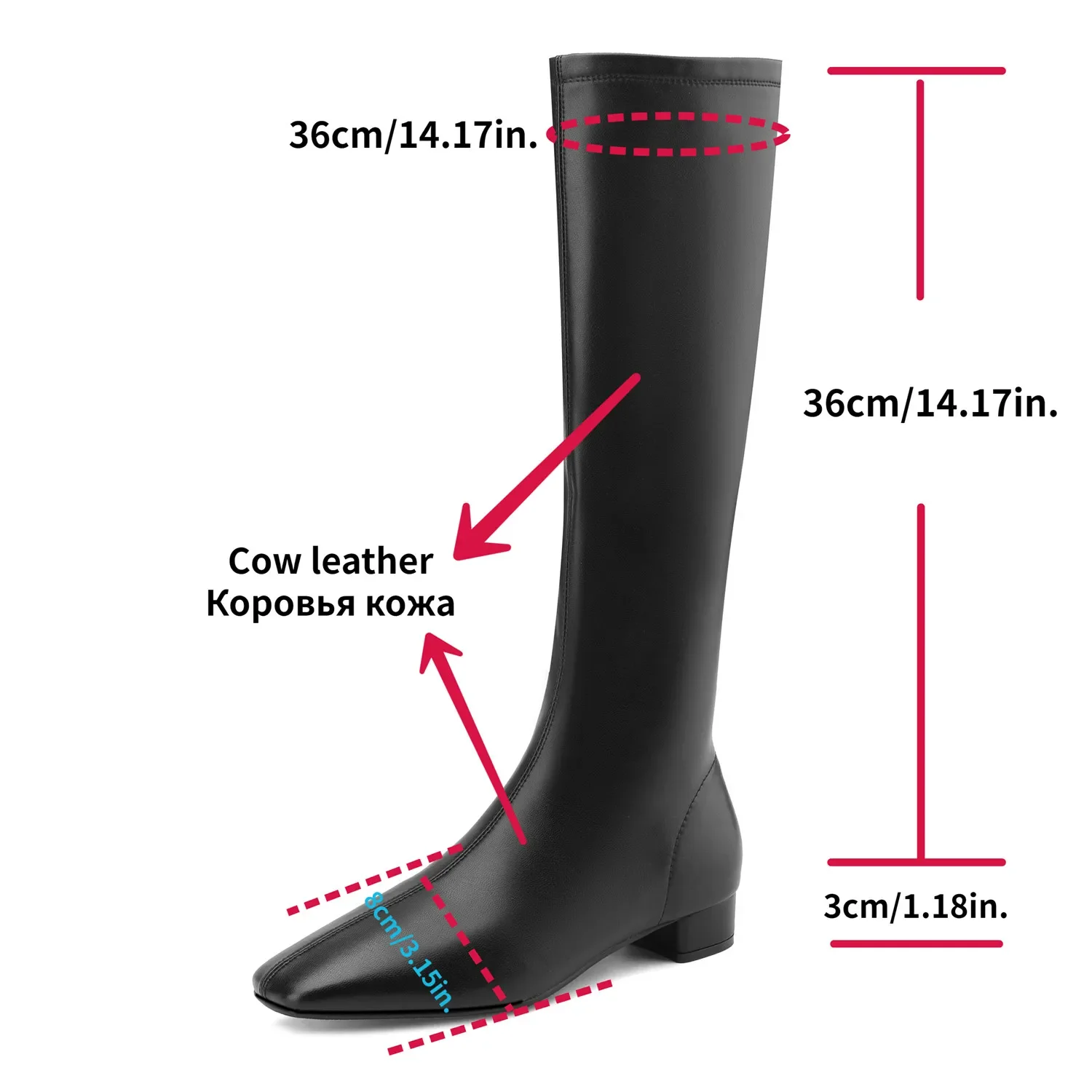 Damskie buty do kolan 2024 Luxury Cow Genuine Leather Black ZIP Low Heel Quality Long Boot Spring Fall Winter Handmade Gift Shoe