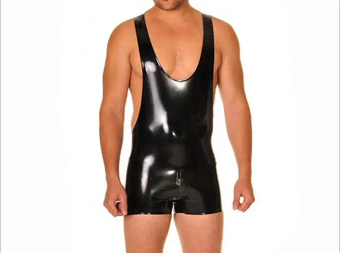 Catsuit de Látex Natural Negro Hecho a Mano para Hombre, Mono de Goma con Chaleco sin Mangas y Pantalones Cortos con Cremallera en la Entrepierna, Encanto Masculino, Cosplay