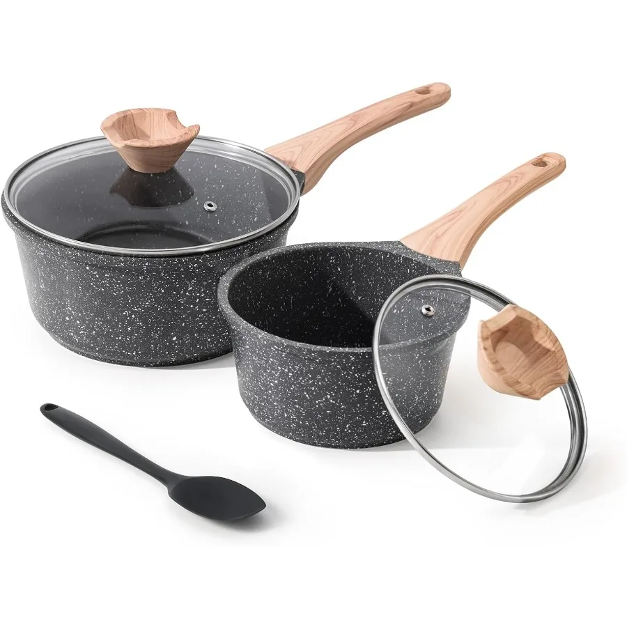 

Sauce Pan Set with Lid 1.5QT 2.5QT Non Stick Small Pots with Granite Coating for Efficient Cooking Pour Spout Design for Easy P