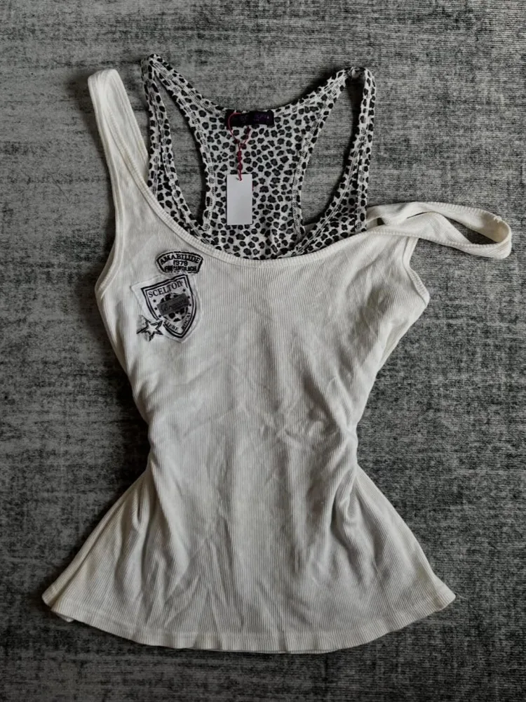 American subculture punk fake two-piece vest Harajuku leopard print patchwork vests women sexy retro Gothic Y2K chic tanks top