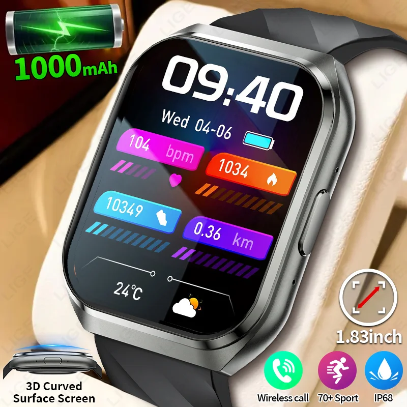 

LIGE 1000 мАч аккумулятор большой емкости Смарт-часы для мужчин Открытый IP68 Спорт Фитнес-трекер Голосовые звонки 1,83 "HD Женские умные часы