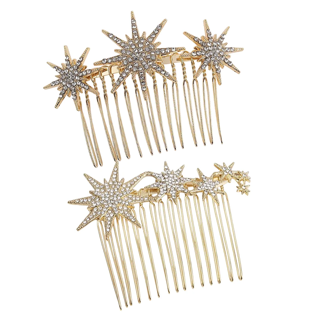 

2 Pcs Rhinestone Comb Clips Girls Snowflake Design Wedding Brides Golden Headpiece Lightweight Metal Hair Accessories Fits All