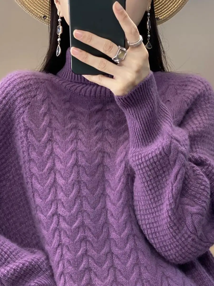 秋冬厚手ルーズハイカラーニットセーター女性用オーバーヘッドツイストハンカチトップファッショナブルベースレイヤー