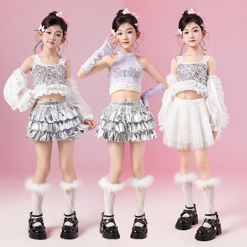 

Silver Sequin Jazz Dance Costume Kpop Dance Clothing Girls Cake Skirt Vest Kids Trendy Suit Model Stage Performance Outfit 3726