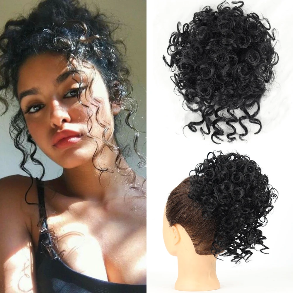 MISSQUEEN Messy Curly Hair Bun Scrunchies Extensions Synthetic Drawstring Chignon Black Brown Curly Wavy Bun Ponytail Wig