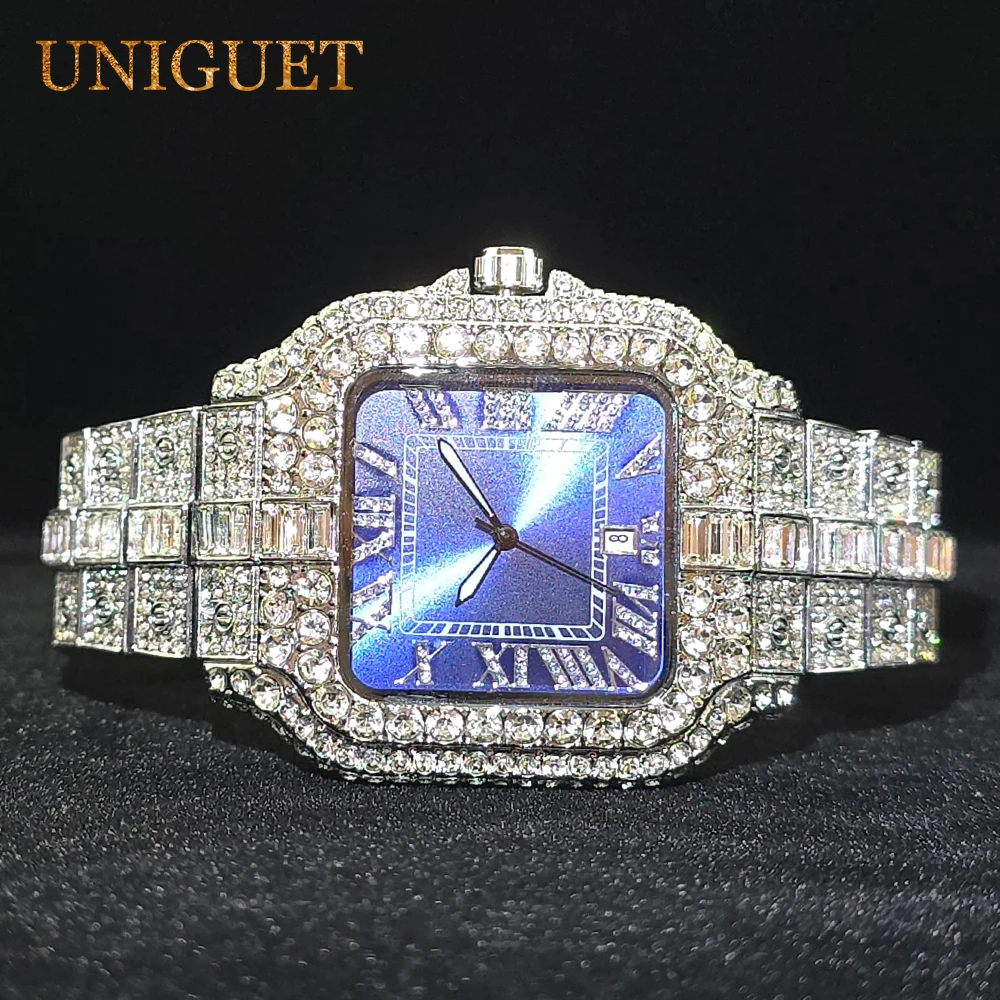 UNIGUET Diamond Watches For Men Blue Face Luminou Point Calendar Men's Quartz Watch Luxury Iced Out Fashion Watch Dropshipping