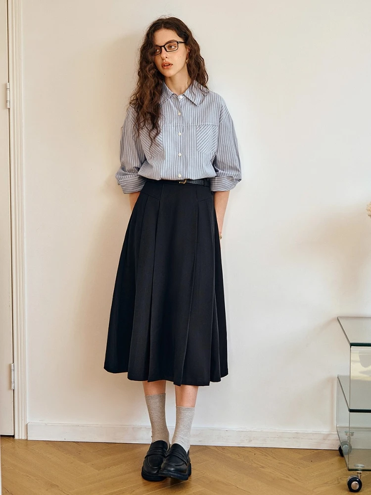 OLrain jupe Midi plissée femmes solide taille haute a-ligne jupe à glissière cachée 2025 automne élégant femme bas O57QB000209