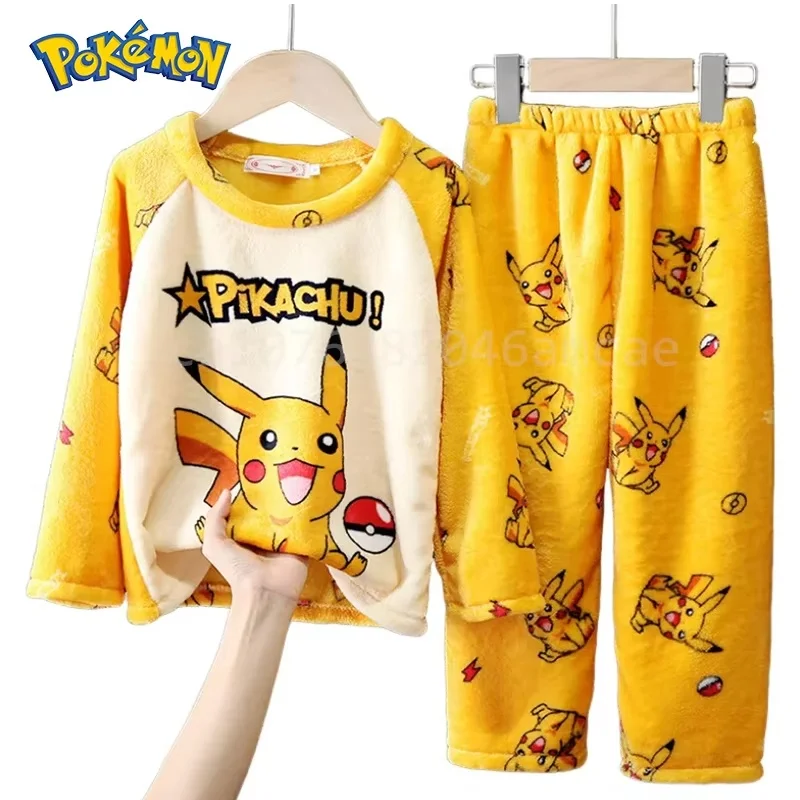 Cartoon Pikachu Pajamas Warm Children'S Flannel Pajama Set Winter Winter Boys Girls Coral Fleece Sleepwear Home Cloth