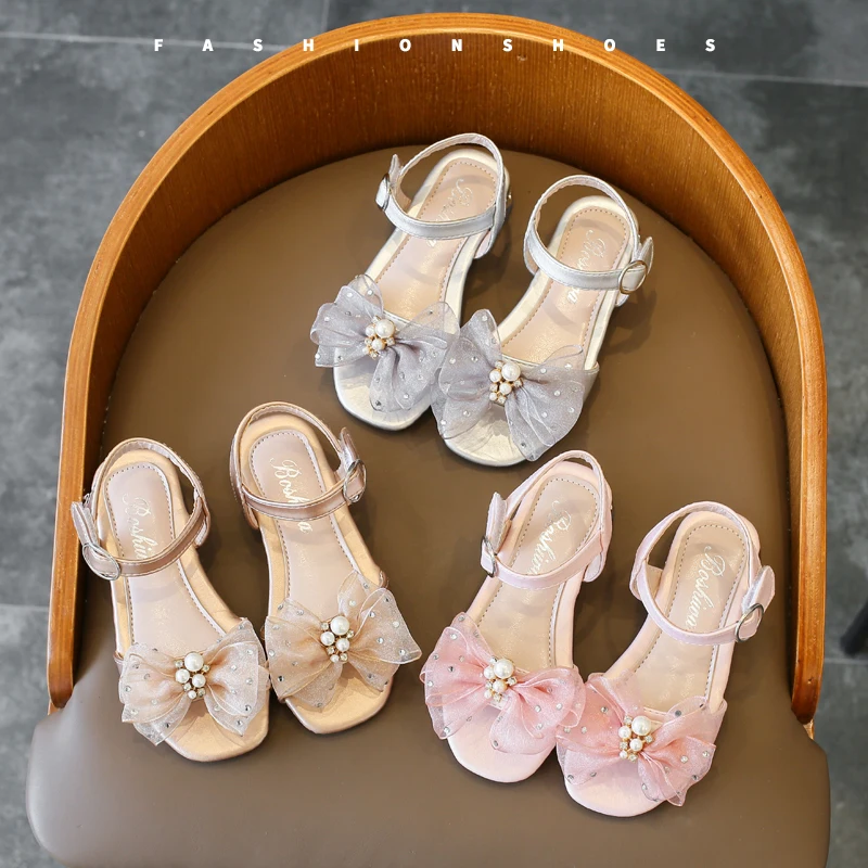 

Girls Princess Rhinestone Sandals Soft Sole Children Pearls Sandals with Bow-knot Fashion Kids Performance Shoes Size 26-35