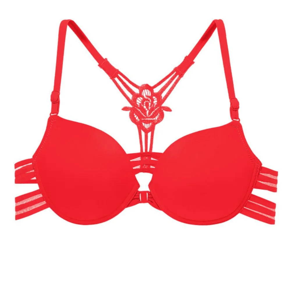 

Sweet Front Button Lace Bra Women 3/4Cup Flower Seamless Bra Beautiful Back Underwear Wireless Deep V Bra Summer