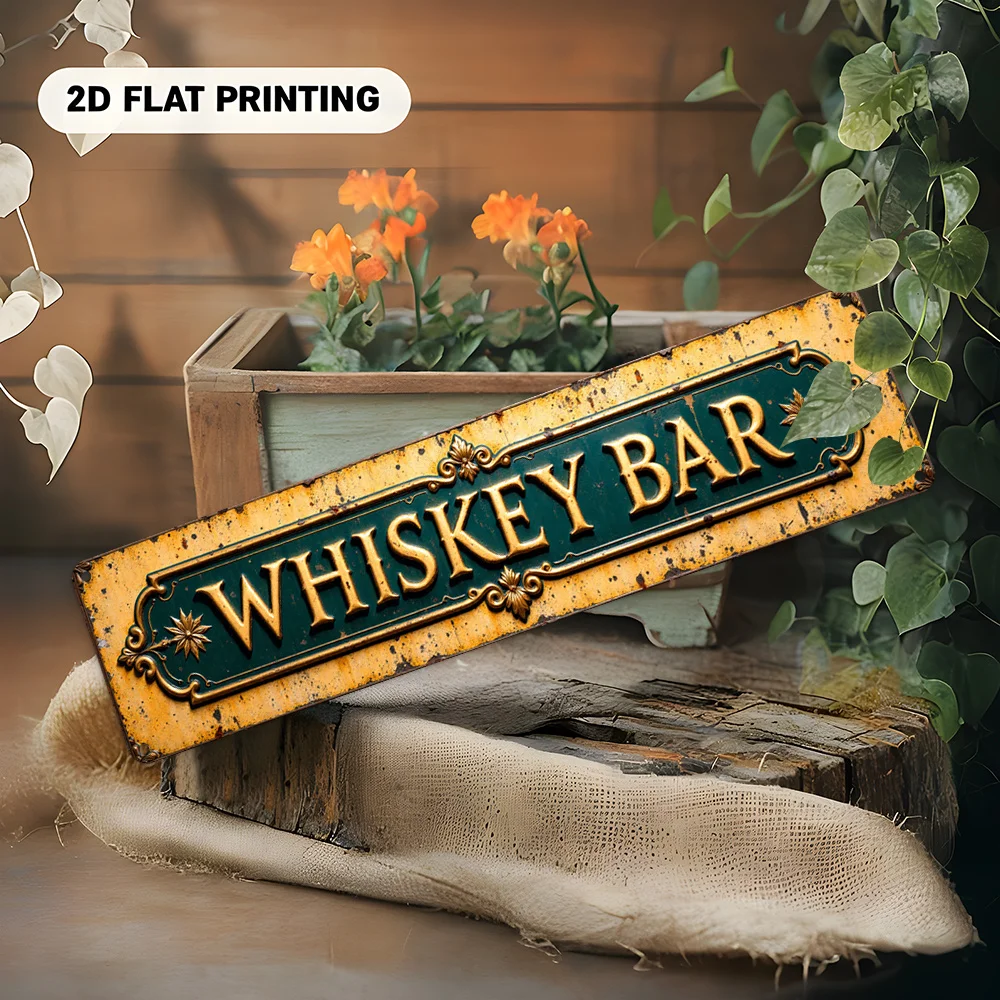 2D Flat, Vintage European Whiskey Bar Label Sign - Green & Golden Metal Wall Decor with Golden Lettering & Star Accent