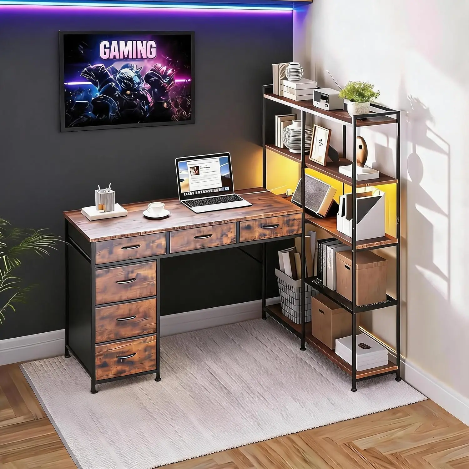 

L Shaped Gaming Computer Desk with 6 Drawers and Storage Shelves，Reversible Home Office Desk with Power Outlets，Gaming, Custom