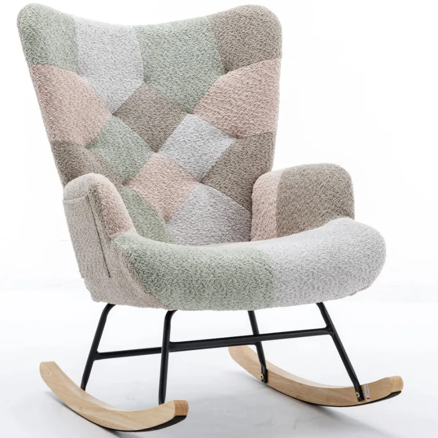 

Patchwork Accent Chair Solid Wood Armrest Feet Rocking Chair Nursery Comfy Wingback Baby Glider Chair Living Room Bedroom Side
