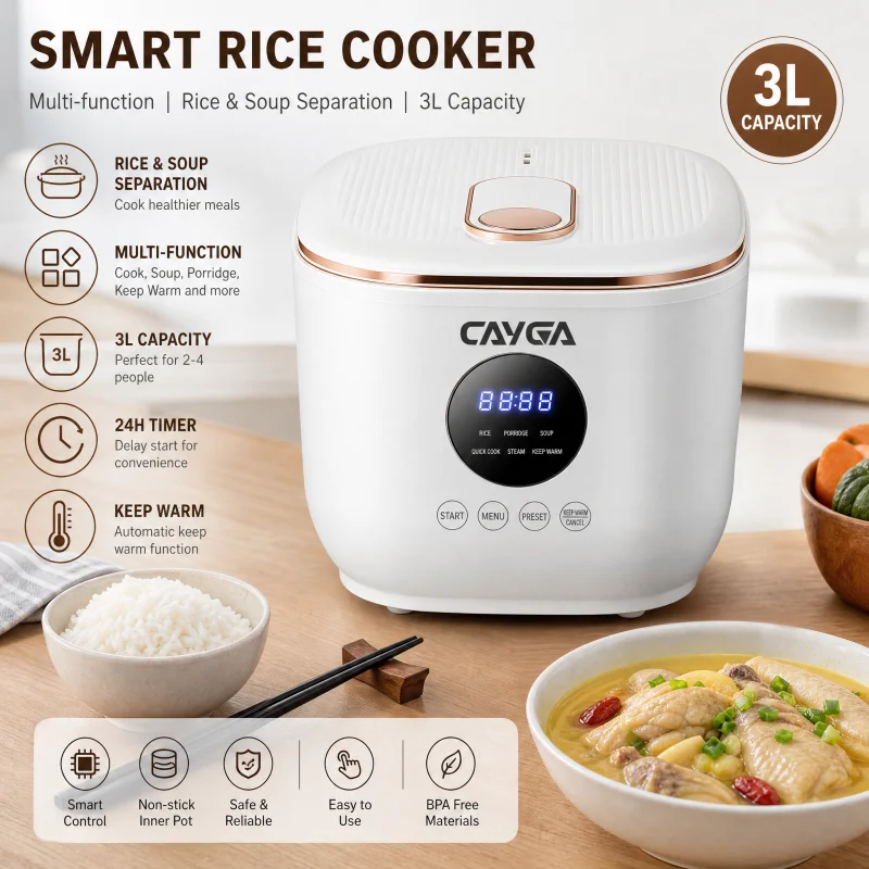 3L Smart Multi Purpose Cooker Digital Electric Mini Rice Cookers with Non-stick Coating Ceramics Inner Pot Rice &Soup Separation