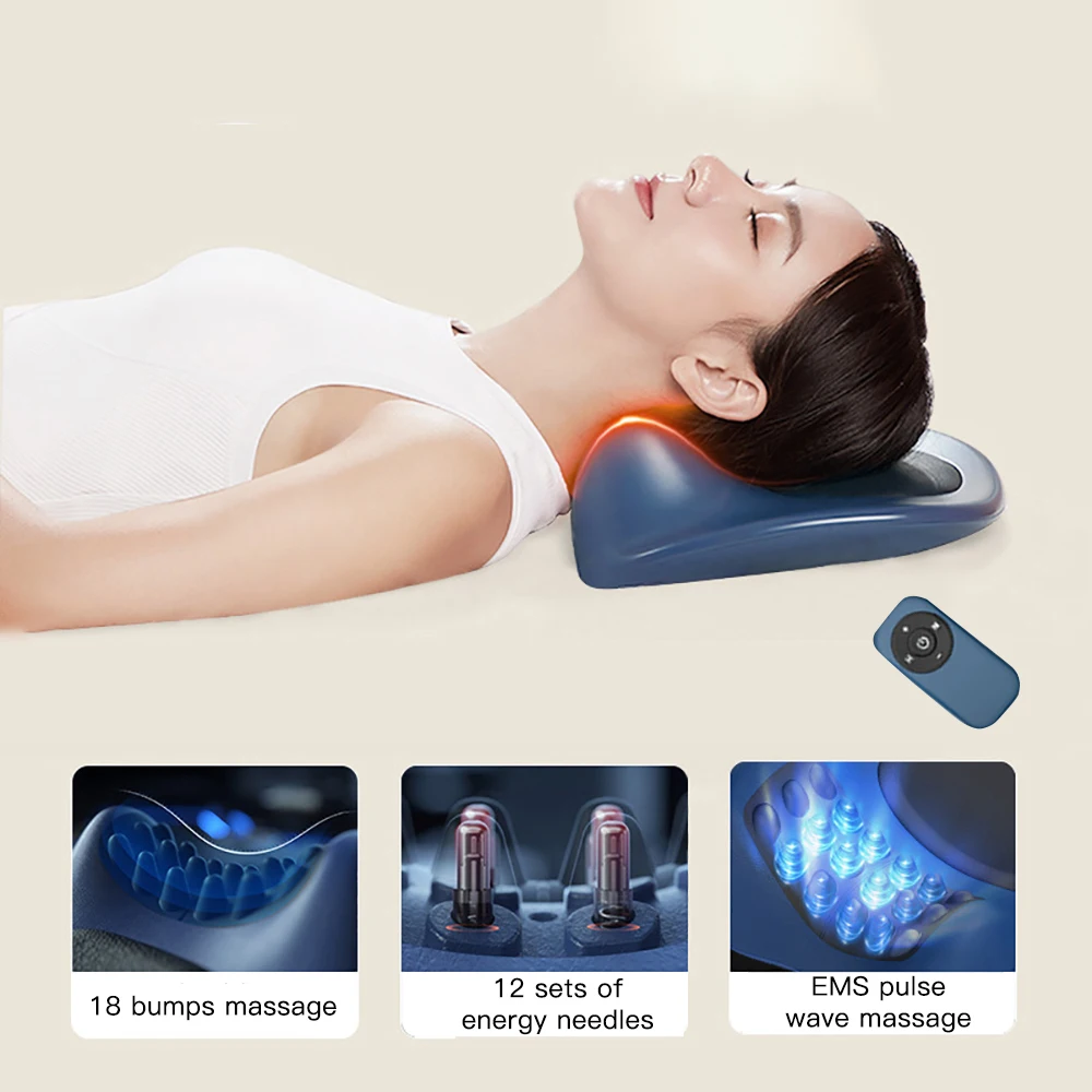 Smart Neck Massager Pillow Electric Heating EMS Pulse Neck Acupuncture Cervical Spine Traction Massage Neck Kneading Pain Relief