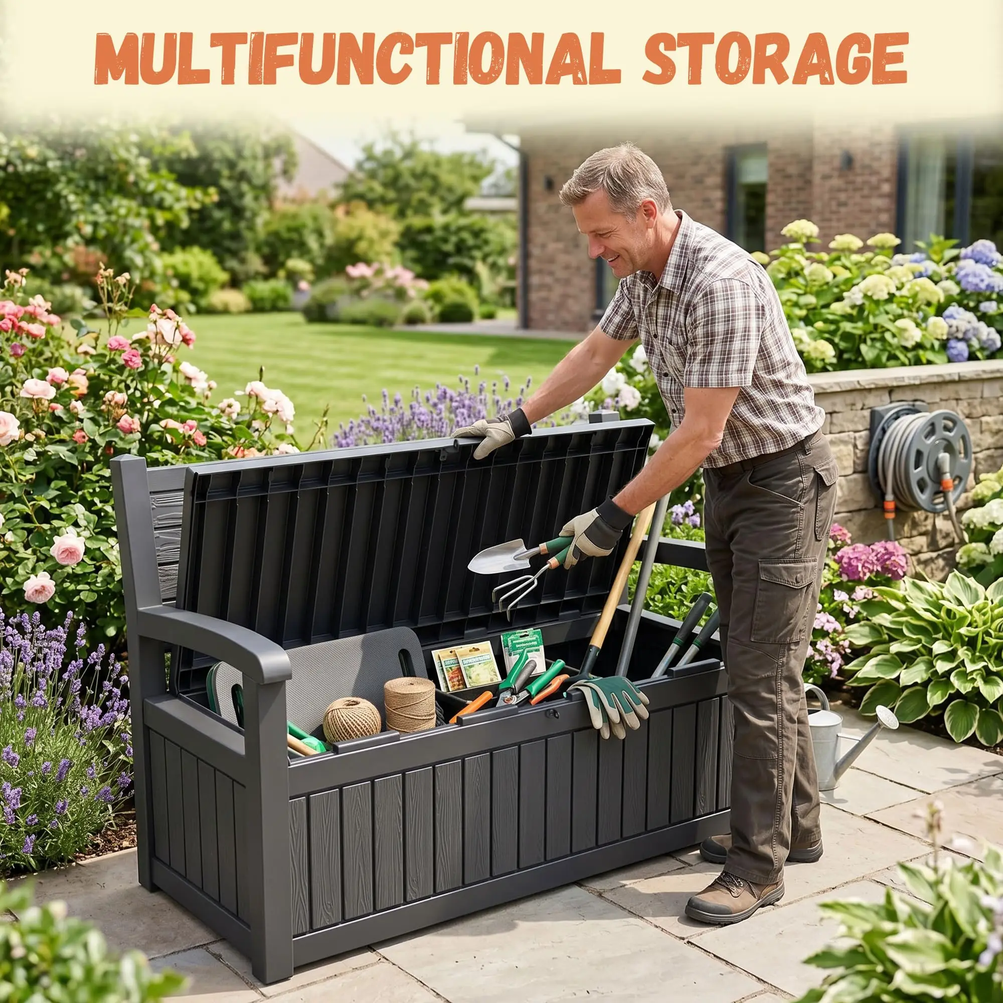 100 Gallon Outdoor Storage Bench, Lockable for Patio Furniture, Black