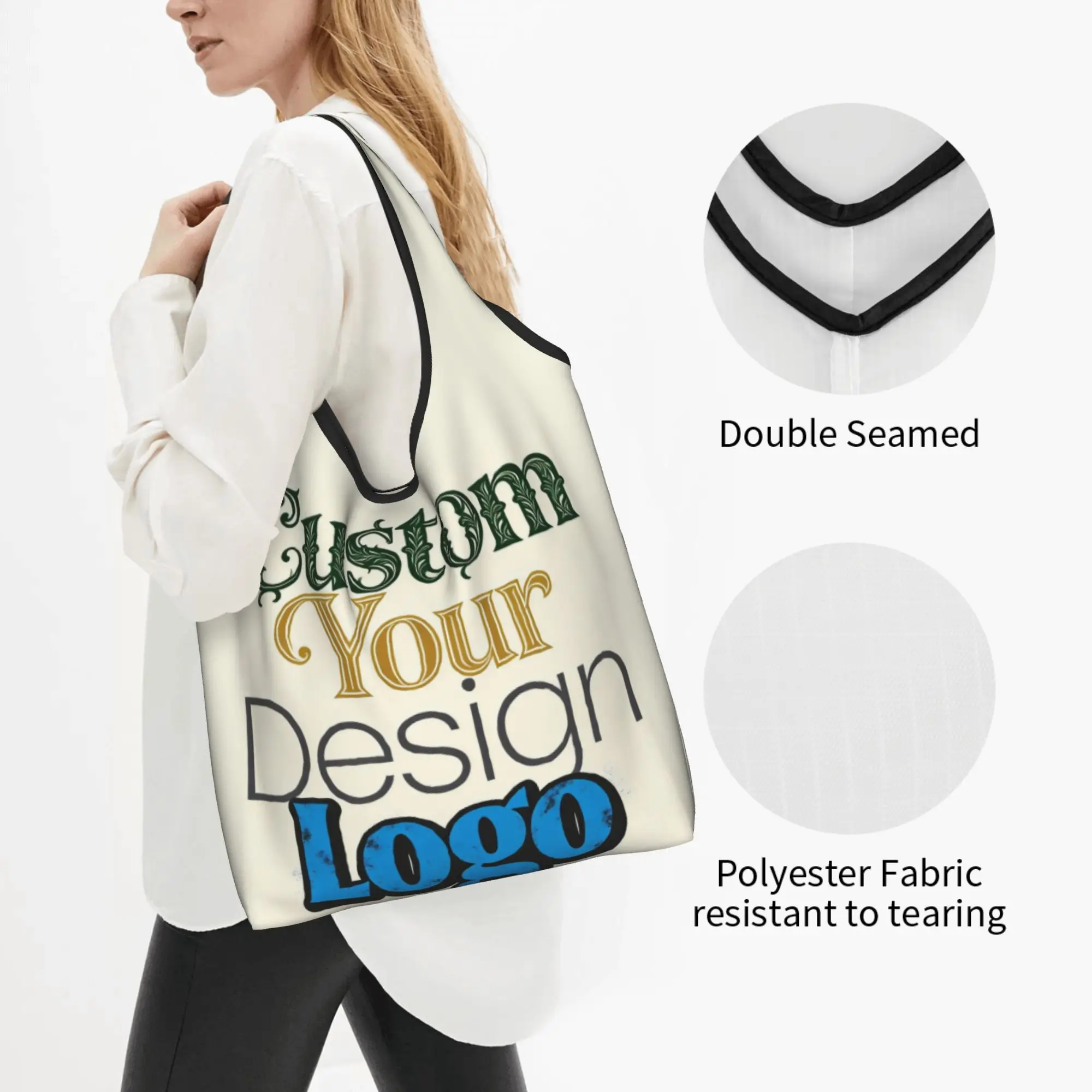 Cute Custom Customized   Your Design Logo Shopping Tote Bags Portable Photo Name Printed Grocery Shopper Shoulder Bag