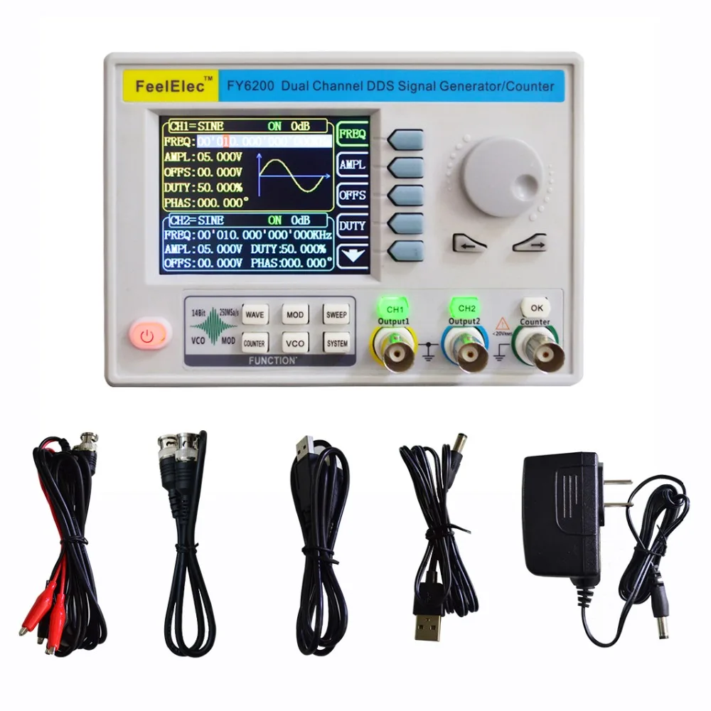 FeelElec FY6200-20M/30M/60M Function Signal Generator DDS Direct Digital Synthesis Technology 20MHz-60MHz Sine Wave 250msa/s