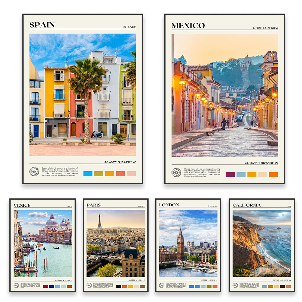 France Paris Travel Poster Italy Venice Canvas Painting London Wall Art Spain Madrid Barcelona Canvas Painting Home Room Decor