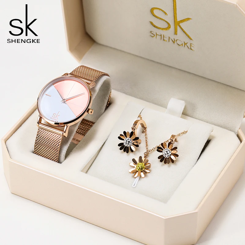 

SK Shengke 3 pcs Luxury Women Watch With Necklace and Earrings Bracelet Set Watches Ladies Quartz WristWatch Clock Montre femme