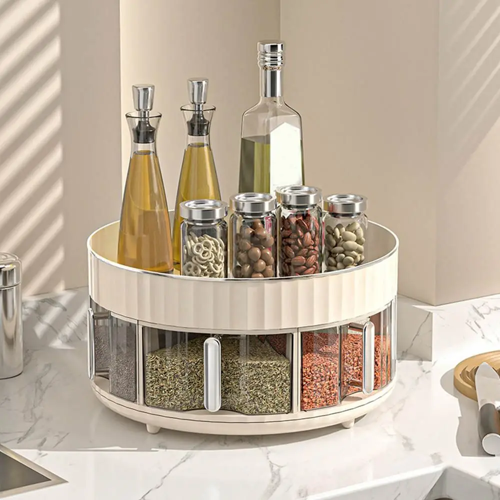 Plastic 360° Rotating Spice Organizer Multi-Cell Non-Slip Spice Storage Rack Large Capacity Round Cosmetics Storage Tray