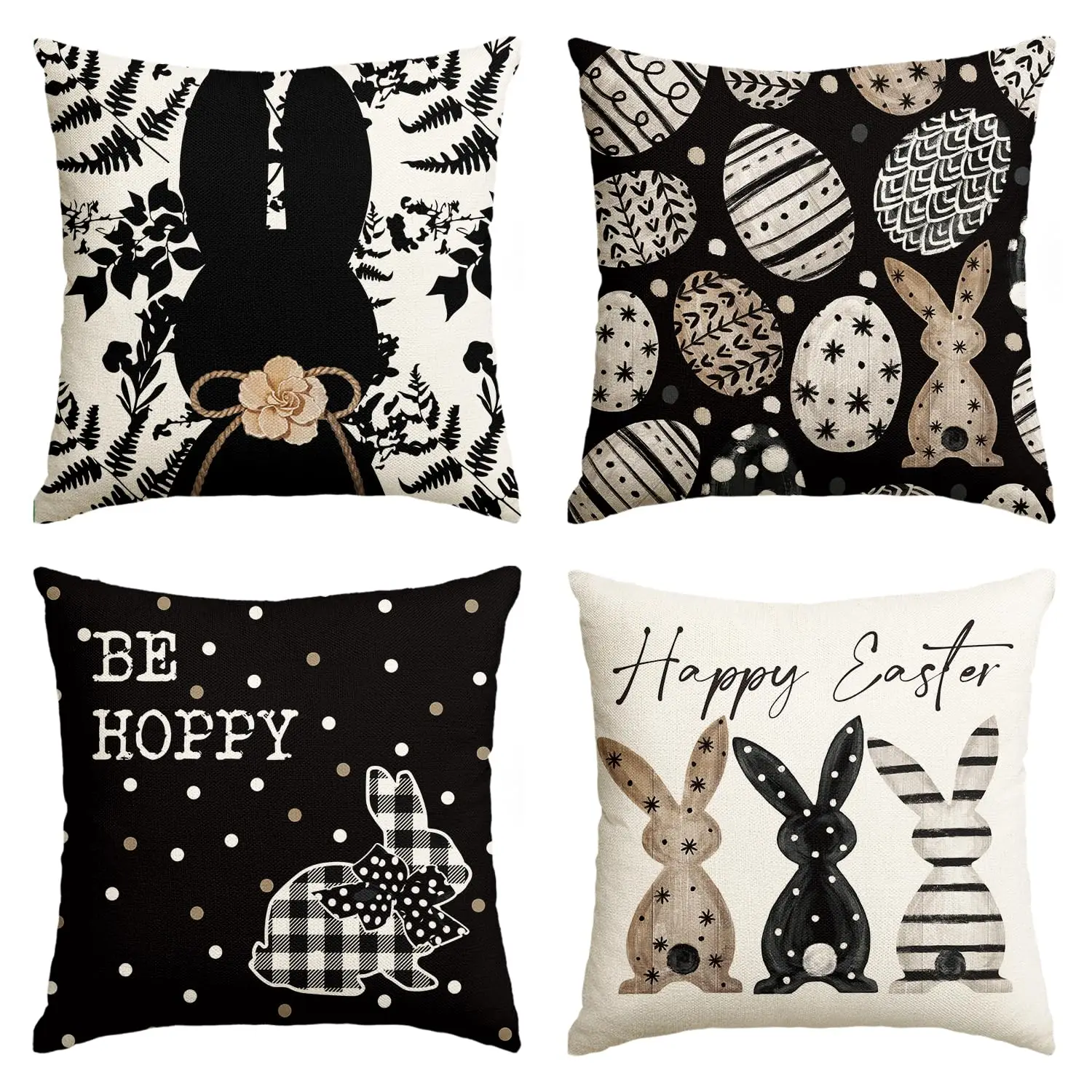 

Happy Easter Be Hoppy Rabbit Easter Eggs Black Throw Pillow Covers, Cushion Case Decoration for Sofa Couch Set of 4