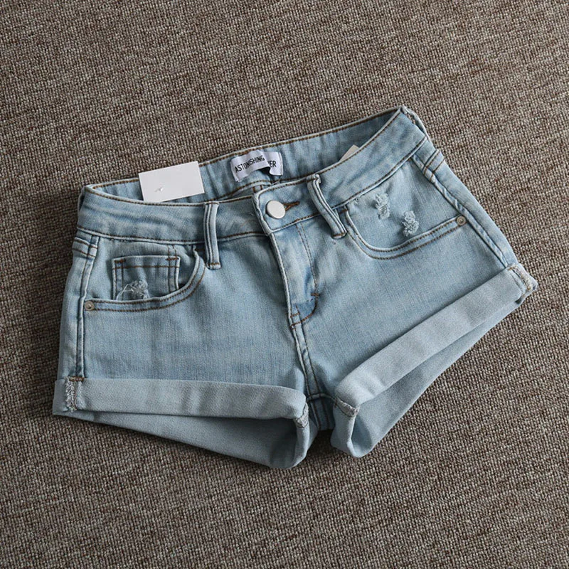American Retro Spicy Girl Ripped Hot Pants Summer Casual Fashion Sexy Women's Slim Rolled Edge Low Waist Washed Denim Shorts view 4