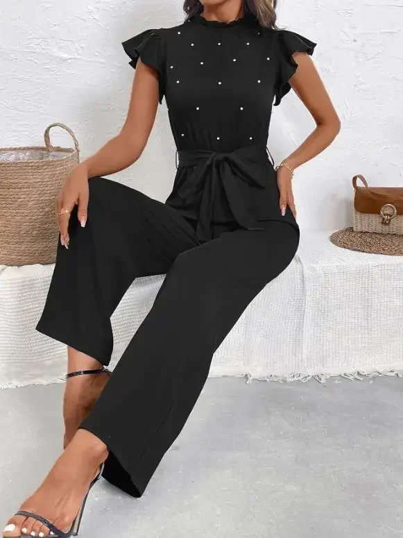Women's Fashion Long Jumpsuits In Summer Temperament Commuting Flying Sleeve Lace Collar High Waist One-Piece Pants for Women
