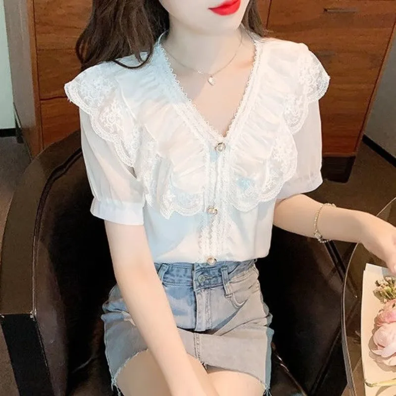 Simplicity Commute Summer New Women\'s Solid Sweet Spliced Lace Ruffles Button Shirts Loose V-neck Short Sleeve Chiffon Blouses