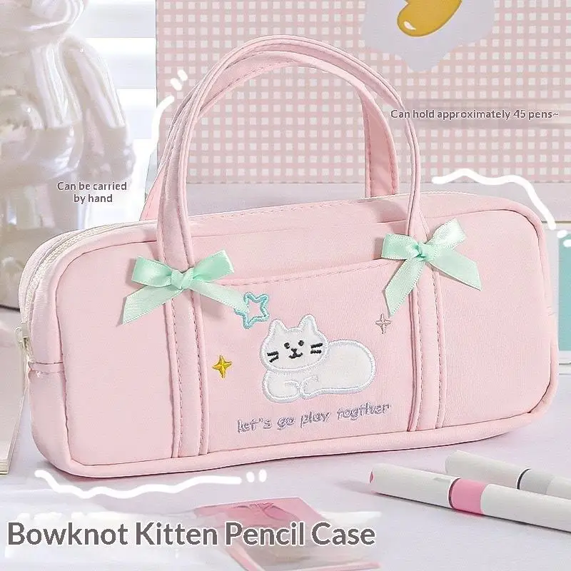 Portable Embroidery Bow Kitten Pencil Bag Small Fresh Aesthetic Stationery Pouch 1PC for Office School Travel Use