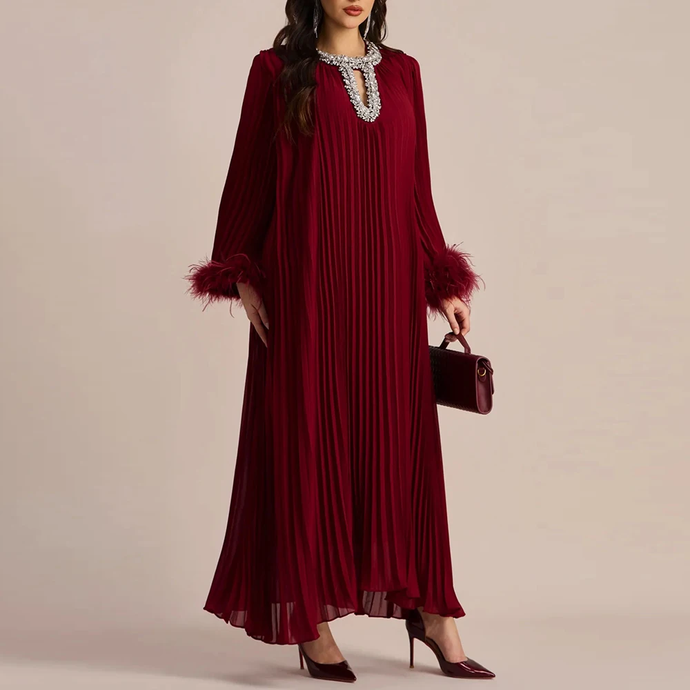 TWOTWINSTYLE Solid Loose Spliced Feather Dresses for Women Round Neck Long Sleeves Patchwork Diamonds Dress Female Clothing New