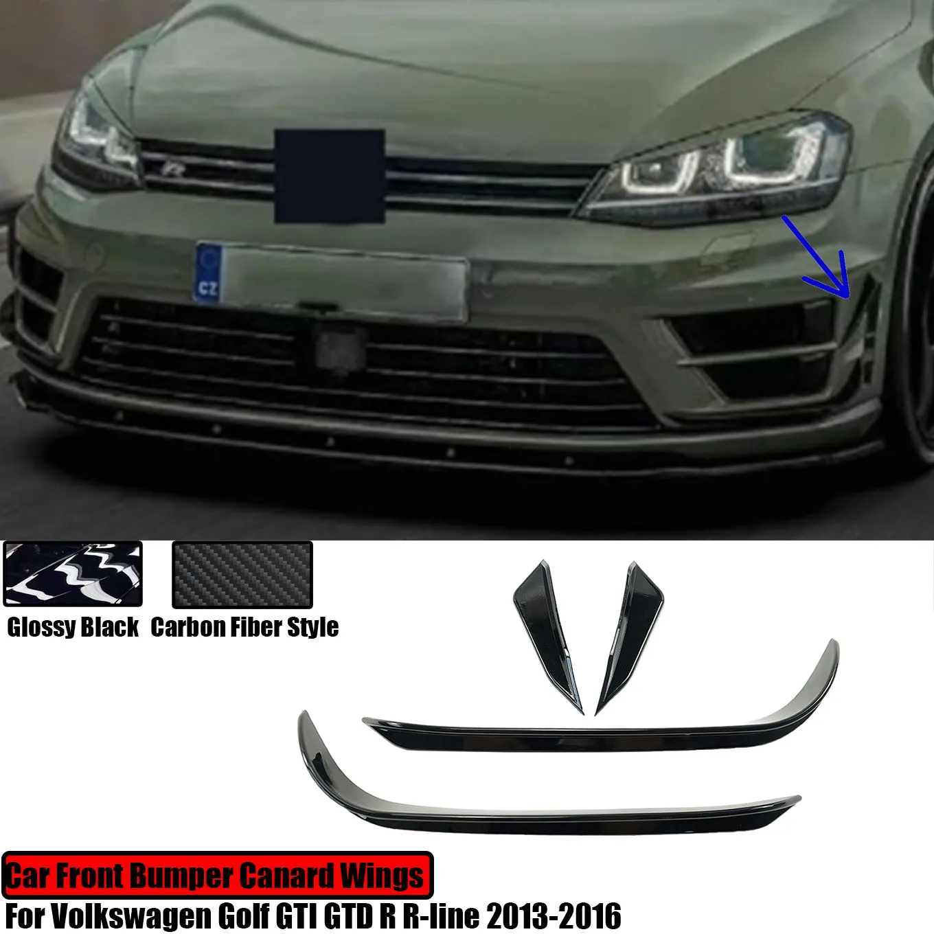 

4PCS For Volkswagen Golf MK7 GTI GTD R R-line 2013-2016 Front Bumper Aero Kit Canard Wings Carbon Fiber Style Glossy Black